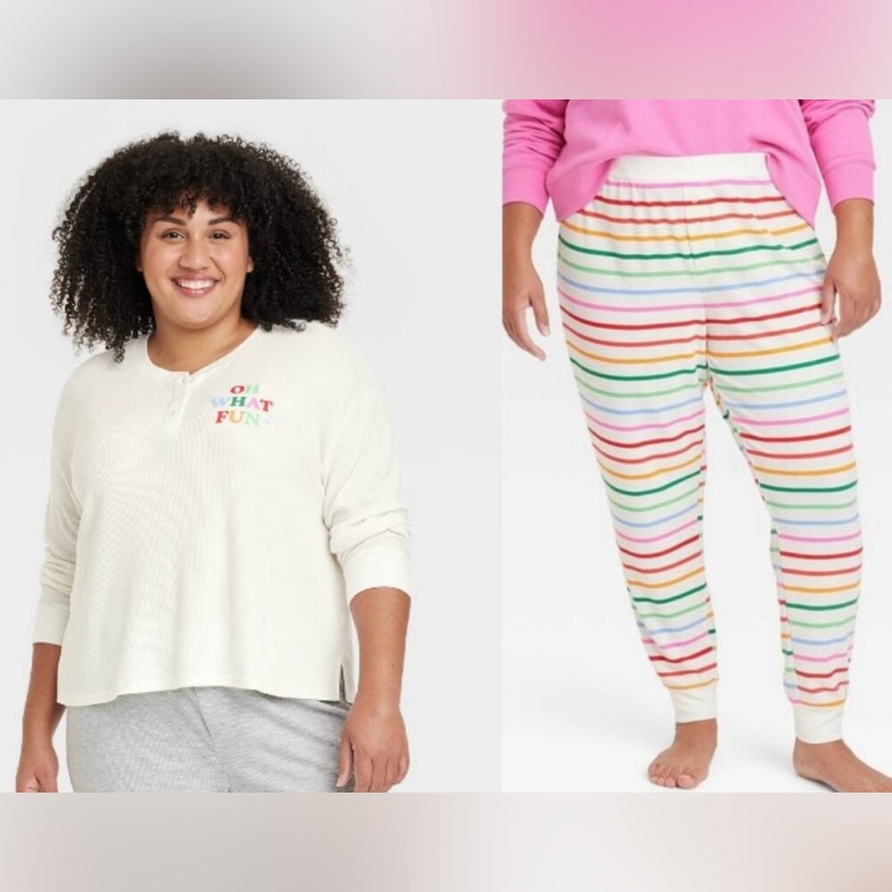 SALE🎉! Womens 2pc Thermal Pajama Set - Holiday, Rainbow, Striped - size 3X